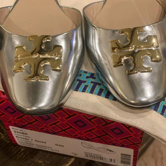 Tory Burch Women’s Raleigh D’Orsay Metallic Silver & Gold Ballet Flats Size 9 - Picture 5 of 7
